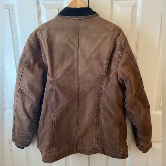 VINTAGE carhartt Dark Brown Sun Faded Canvas Lined Chore Utility Barn Jacket L - Picture 2 of 13